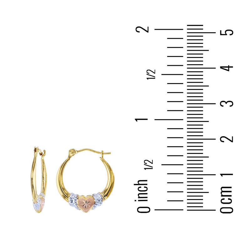 14K gold solid tricolor diamond cut heart hoop earrings for women with 2.70x18mm size next to ruler for scale