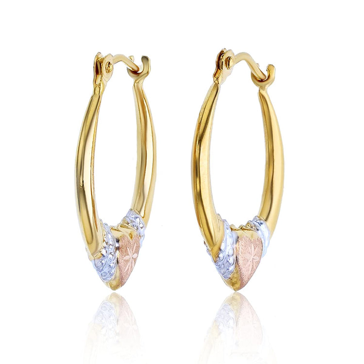 14K solid gold tricolor diamond cut heart hoop earrings for women 2.70x18mm