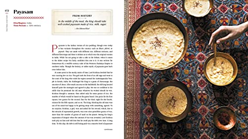 Tasting History cookbook spread showing ancient Payasam recipe with traditional Indian dessert in bowl on patterned cloth background