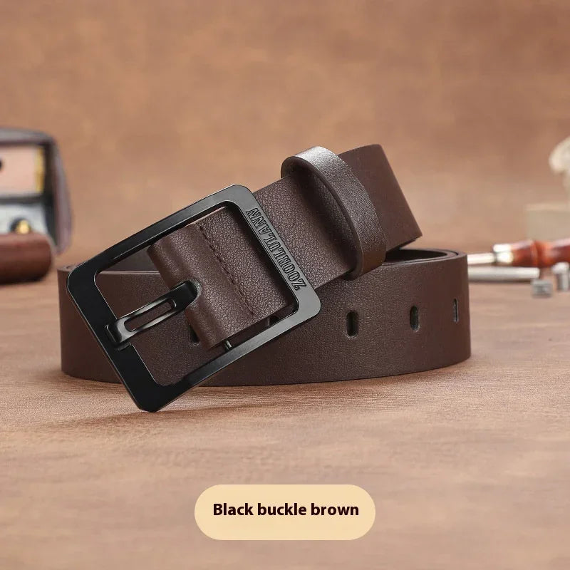 Brown leather belt with matte black metal buckle, casual streetwear accessory