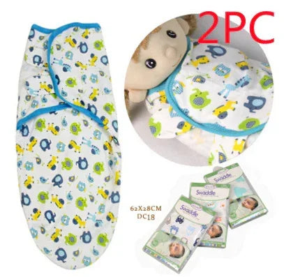 Set of two cotton baby swaddle blankets with blue trim, cartoon animal print, adjustable fit
