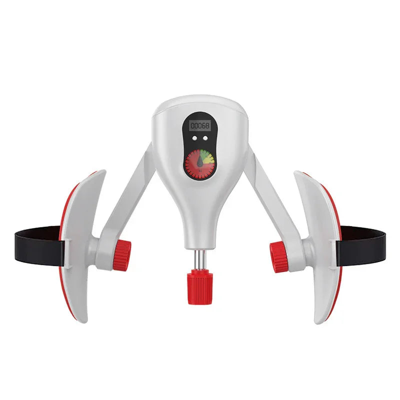 White and red adjustable tech gadget with digital display, dual side paddles, and black straps.