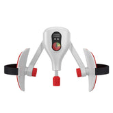 White and red adjustable tech gadget with digital display, dual side paddles, and black straps.