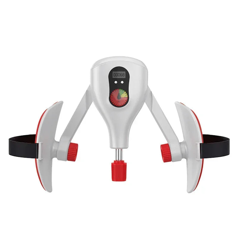 White and red adjustable tech gadget with digital display, dual side paddles, and black straps.