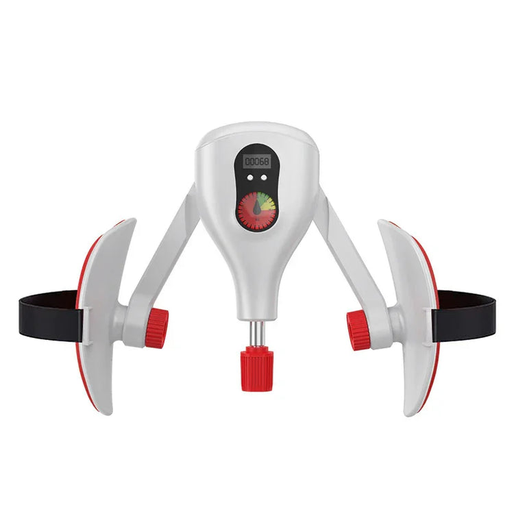 White and red adjustable tech gadget with digital display, dual side paddles, and black straps.