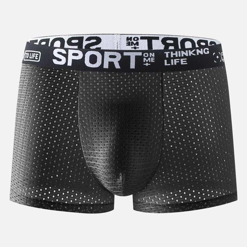 Black mesh boxer briefs with sporty waistband, breathable material, fitted style