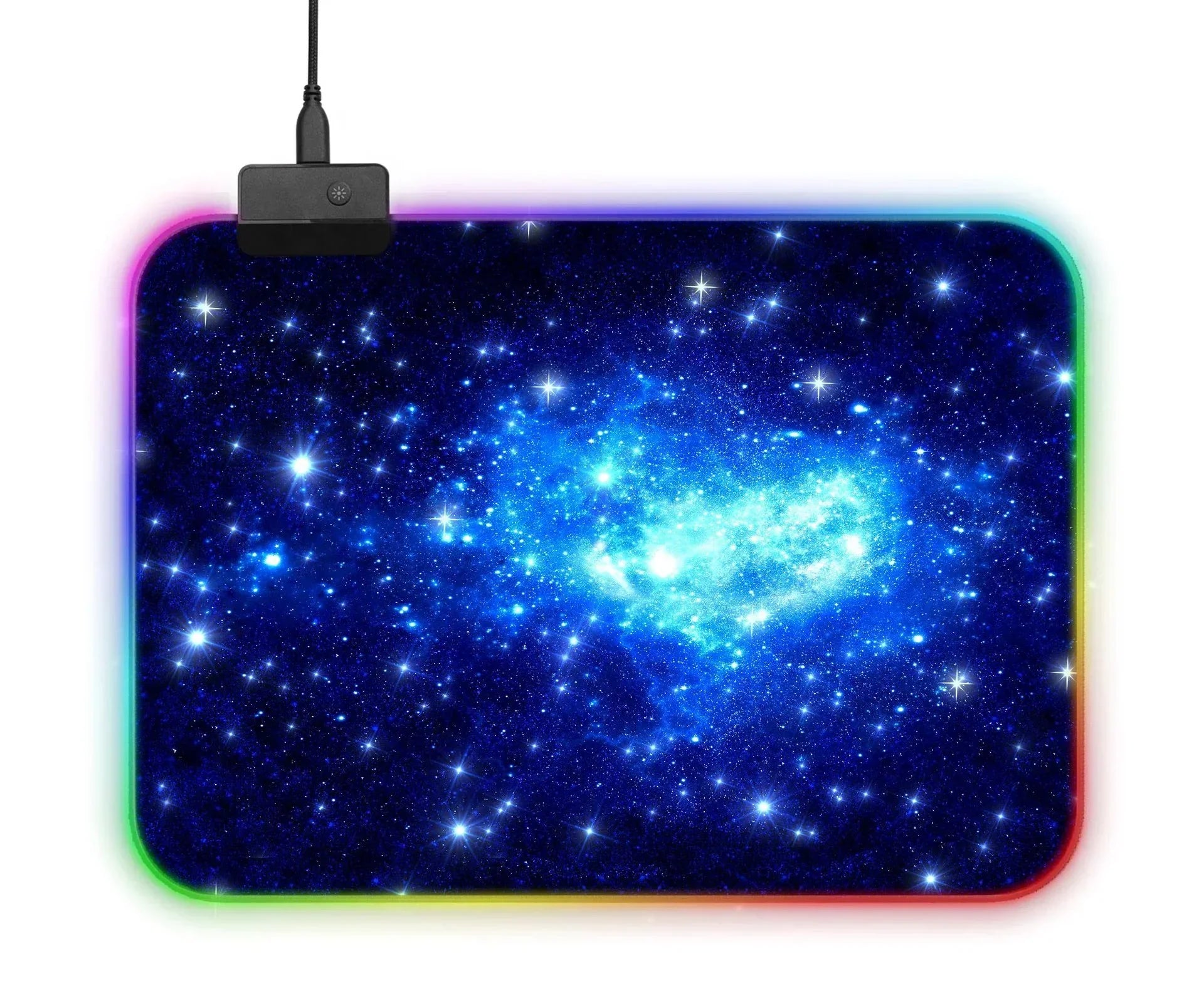 RGB LED mouse pad with blue galaxy print, soft surface and vibrant color lights on edges