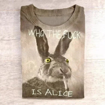 Folded graphic t-shirt featuring a realistic rabbit with a cigarette and bold text, brown color, relaxed fit.