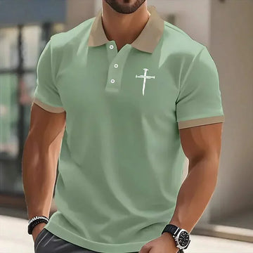 Men's pastel green polo shirt with beige collar and cuffs, slim fit, sword graphic chest detail