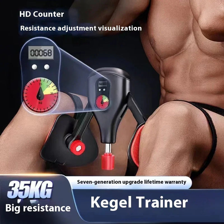 Adjustable resistance kegel trainer with digital counter used by muscular man, black and red device.