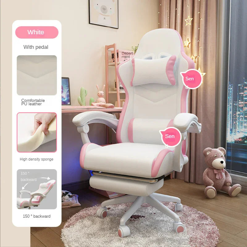 White and pink gaming chair with adjustable footrest, PU leather, ergonomic high-back design.