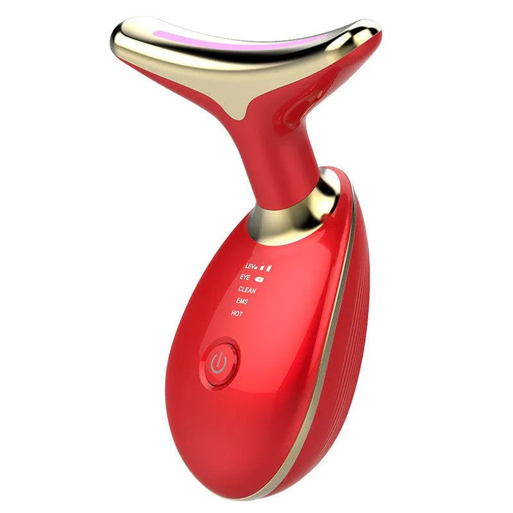 Red and gold handheld facial massager with ergonomic shape and LED indicators