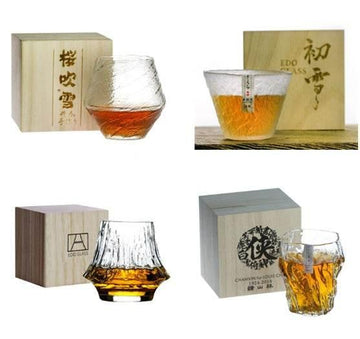Set of four textured whiskey glasses with wooden boxes, clear glass, modern design