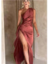 Elegant satin one-shoulder dress in copper, featuring a thigh-high slit and draped fit.