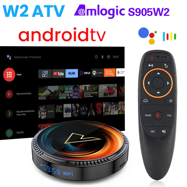 Android TV box with circular black design, LED display, and ergonomic black remote
