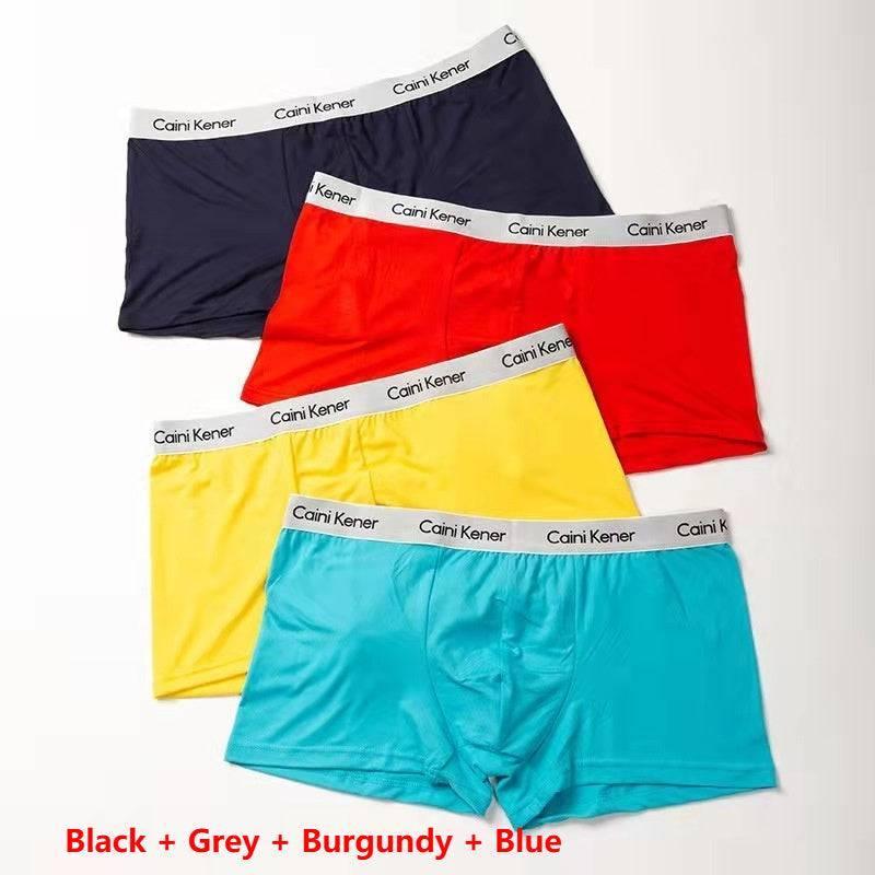 Set of four men's boxer briefs in black, red, yellow, and blue with soft elastic waistbands