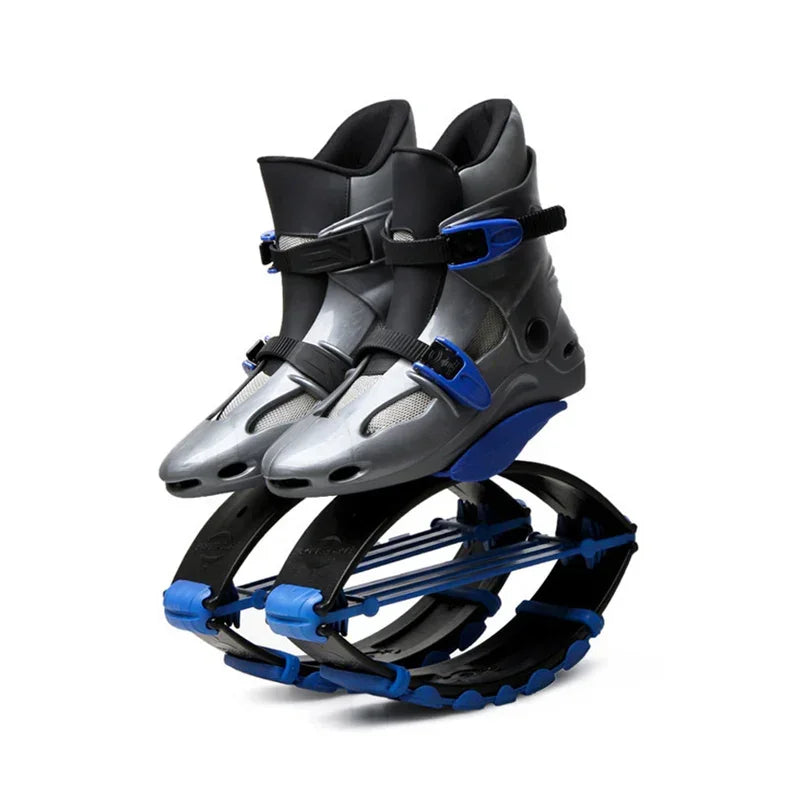 Futuristic gray and blue jumping boots with adjustable straps, rubber soles, and curved springs