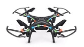 Black quadcopter drone with LED lights, plastic body, four propellers, and blade guards