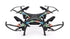 Black quadcopter drone with LED lights, plastic body, four propellers, and blade guards