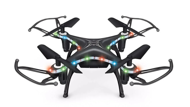 Black quadcopter drone with LED lights, plastic body, four propellers, and blade guards