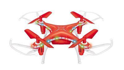 Red quadcopter drone with LED lights, plastic body, four propellers, and protective guards