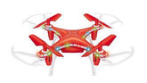 Red quadcopter drone with LED lights, plastic body, four propellers, and protective guards