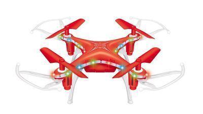 Red quadcopter drone with LED lights, plastic body, four propellers, and protective guards