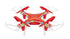 Red quadcopter drone with LED lights, plastic body, four propellers, and protective guards
