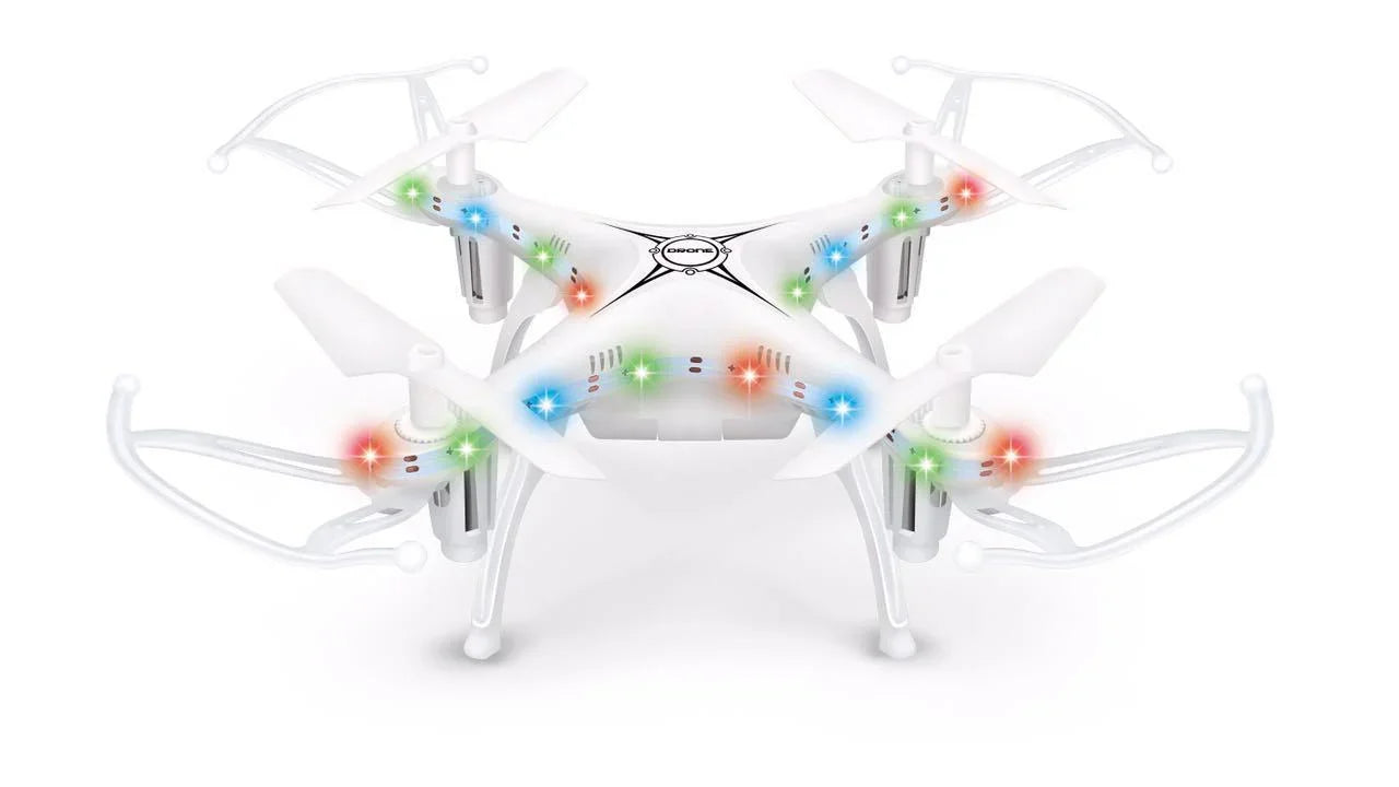 White quadcopter drone with LED lights, sleek plastic body, and protective propeller guards.