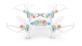 White quadcopter drone with LED lights, sleek plastic body, and protective propeller guards.