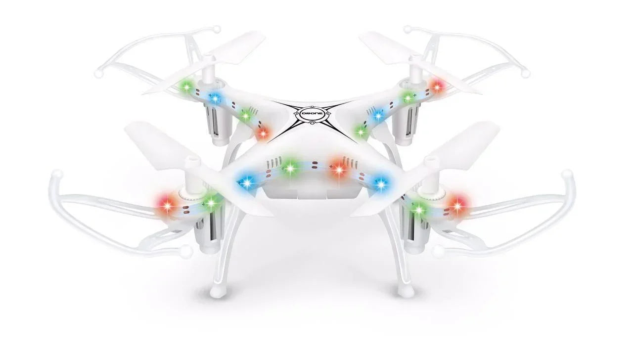 White quadcopter drone with LED lights, sleek plastic body, and protective propeller guards.