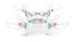 White quadcopter drone with LED lights, sleek plastic body, and protective propeller guards.