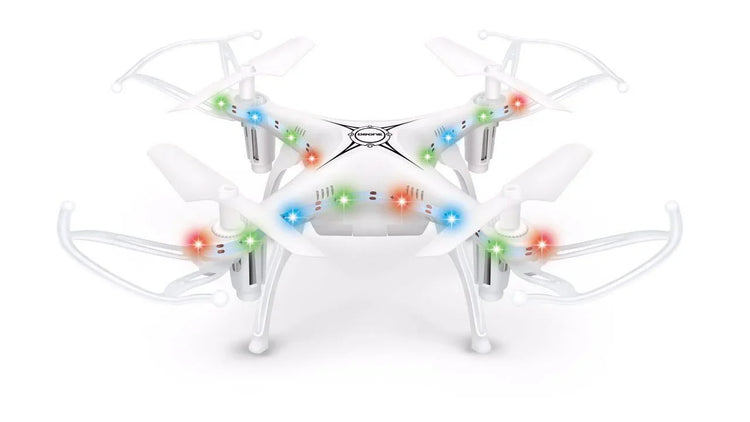 White quadcopter drone with LED lights, sleek plastic body, and protective propeller guards.