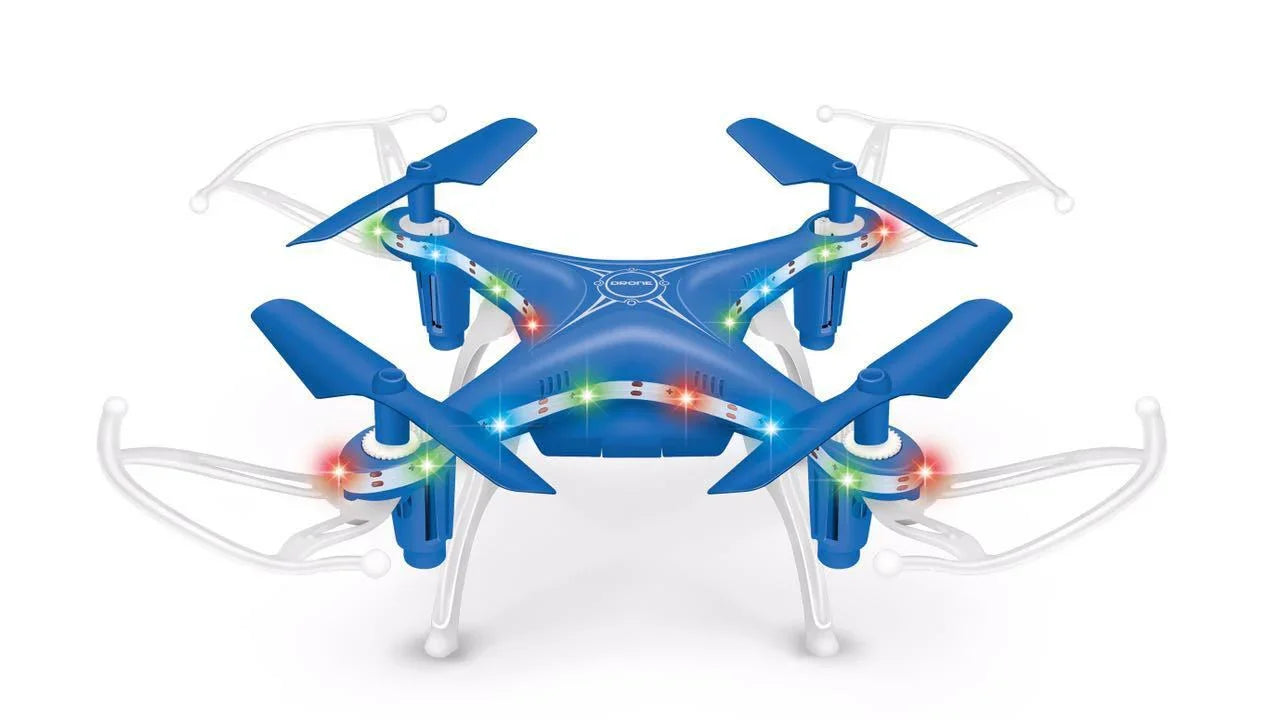 Blue and white quadcopter drone with LED lights, plastic body, and aerodynamic design