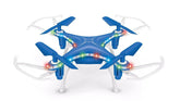 Blue and white quadcopter drone with LED lights, plastic body, and aerodynamic design