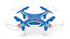 Blue and white quadcopter drone with LED lights, plastic body, and aerodynamic design
