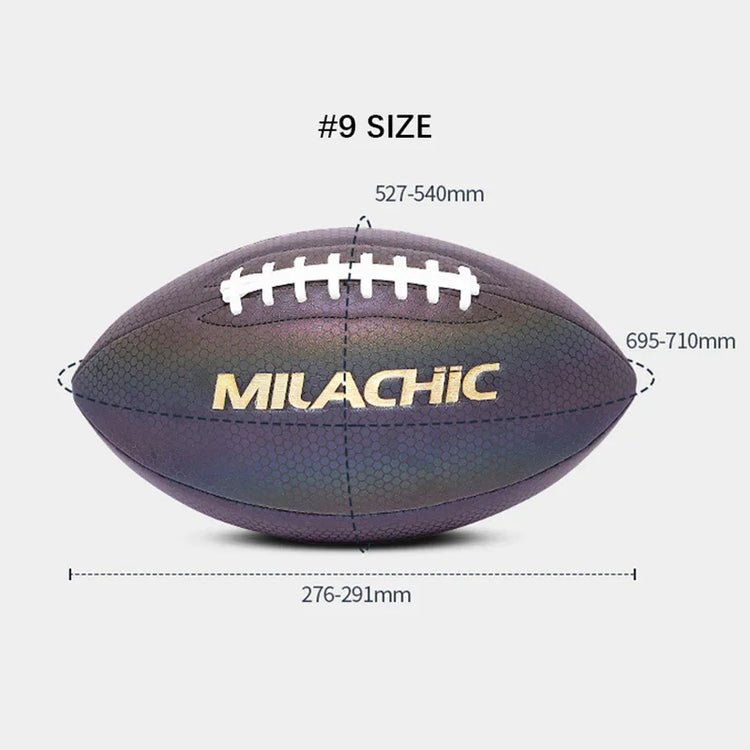 Iridescent faux leather football, size 9, with white laces and gold lettering, product dimensions shown.