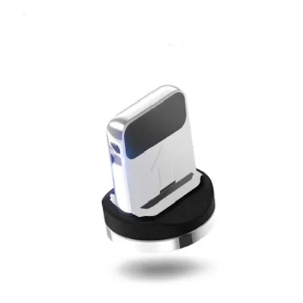 Silver magnetic USB adapter with black accents on a round magnetic charging base