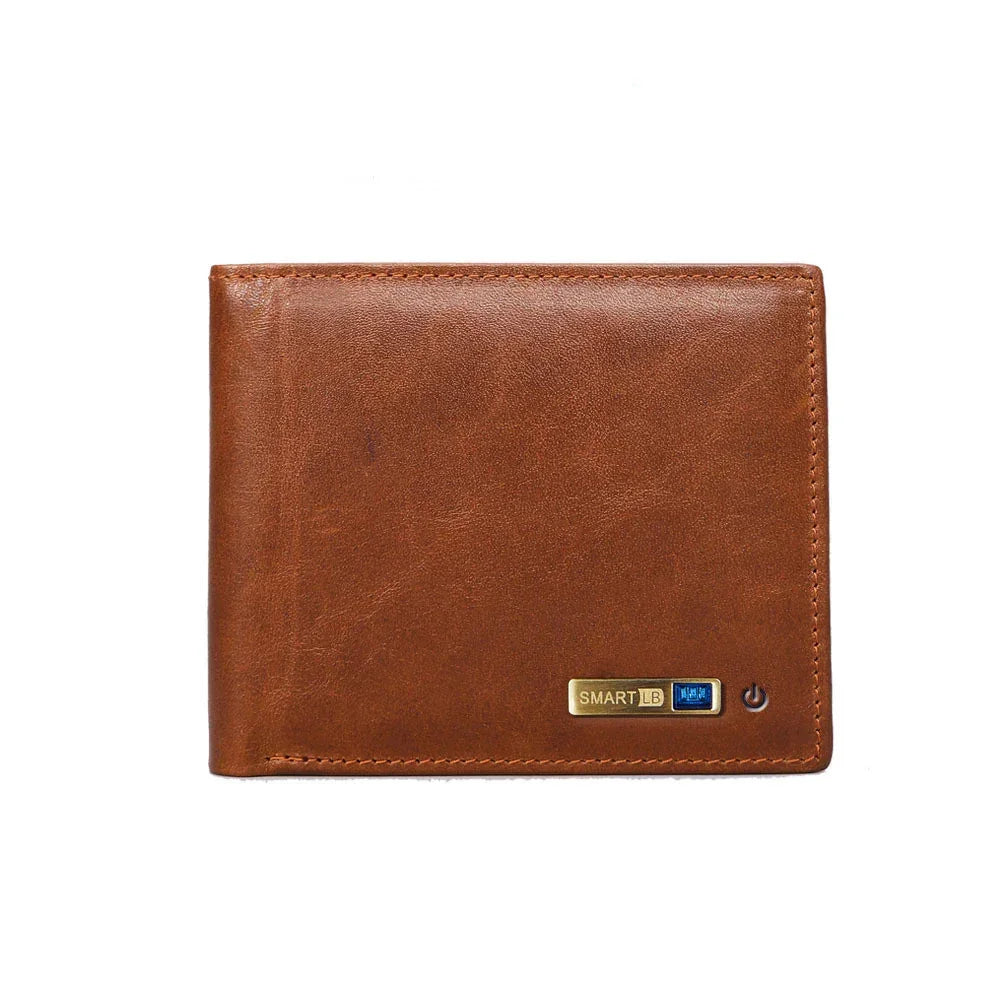 Brown leather wallet with slim fit and tech accent details on white background
