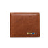 Brown leather wallet with slim fit and tech accent details on white background