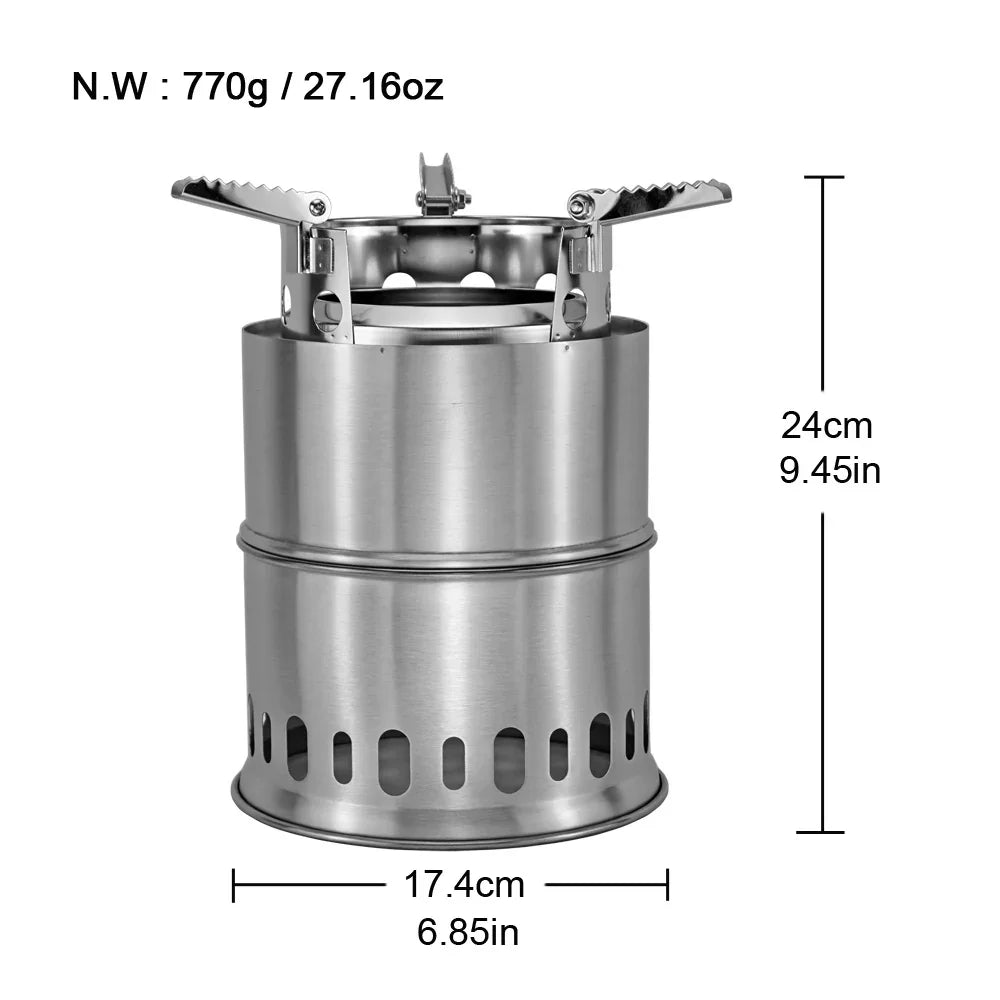 Stainless steel portable camping stove, cylindrical design, 24cm tall, 17.4cm wide.