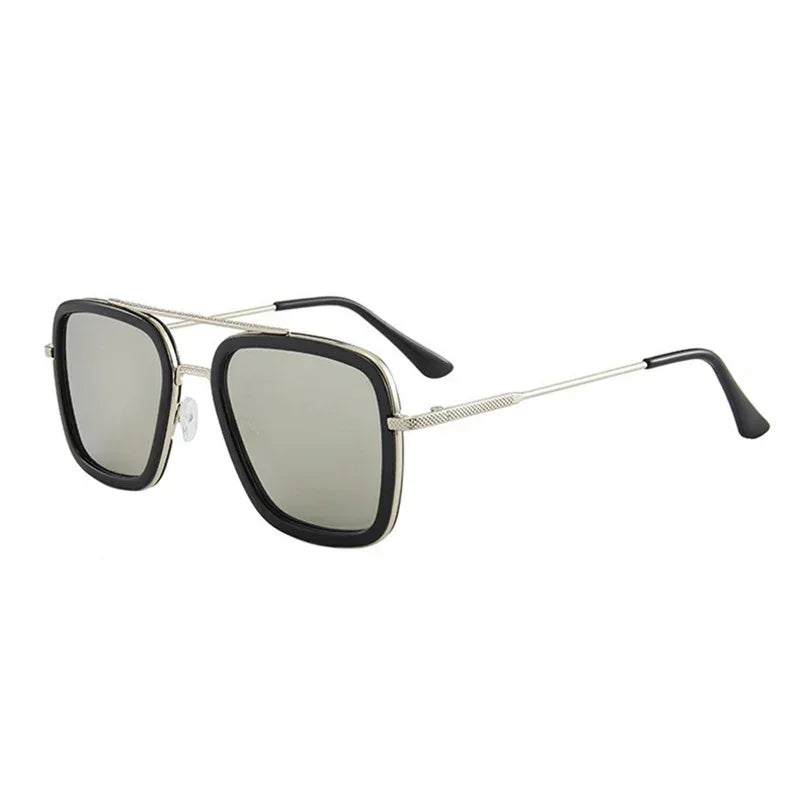 Square oversized sunglasses with black frames, silver metal arms, and gray lenses
