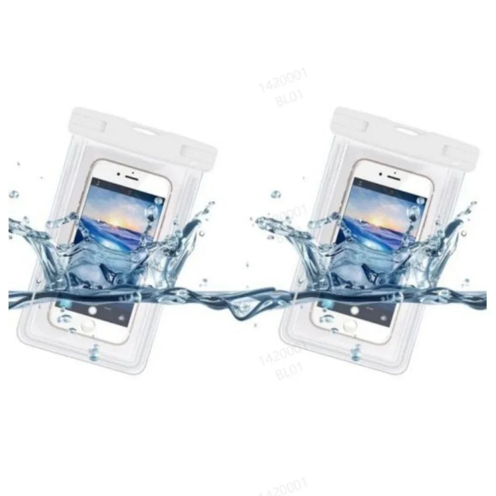 Clear waterproof phone pouches with white trim, splash-proof, for mobile protection.
