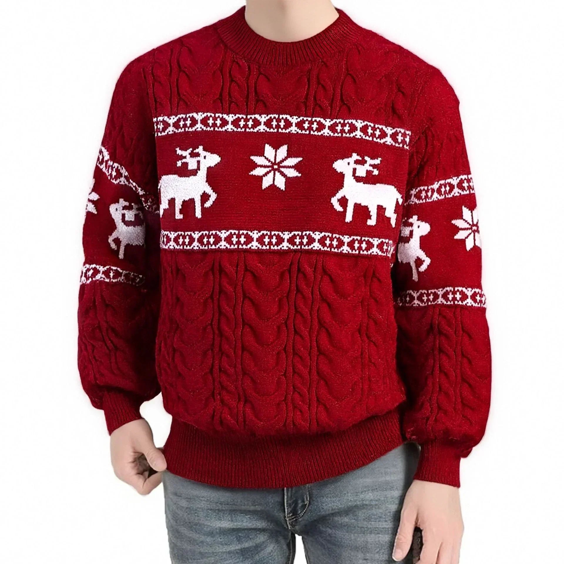 Red cable knit sweater with white reindeer and snowflake patterns, relaxed fit