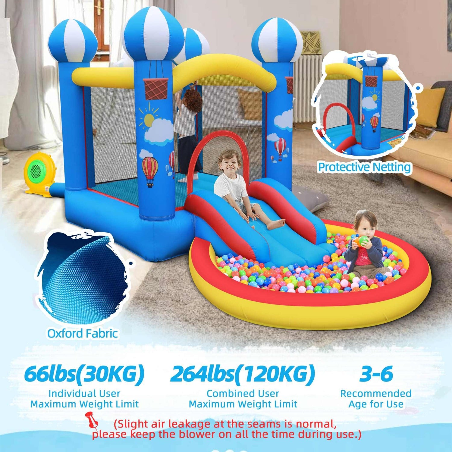 Blue and yellow inflatable bounce house with slide, protective netting, and ball pit for kids.