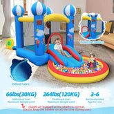 Blue and yellow inflatable bounce house with slide, protective netting, and ball pit for kids.