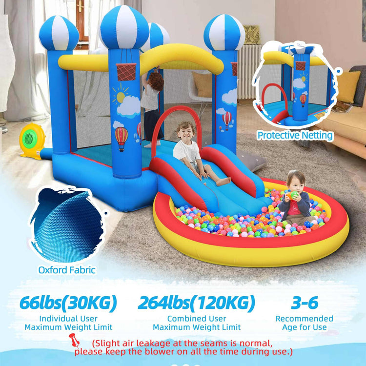 Blue and yellow inflatable bounce house with slide, protective netting, and ball pit for kids.
