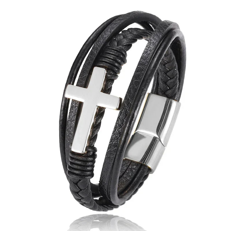 Black leather multi-strand bracelet with silver cross and magnetic clasp, modern fit