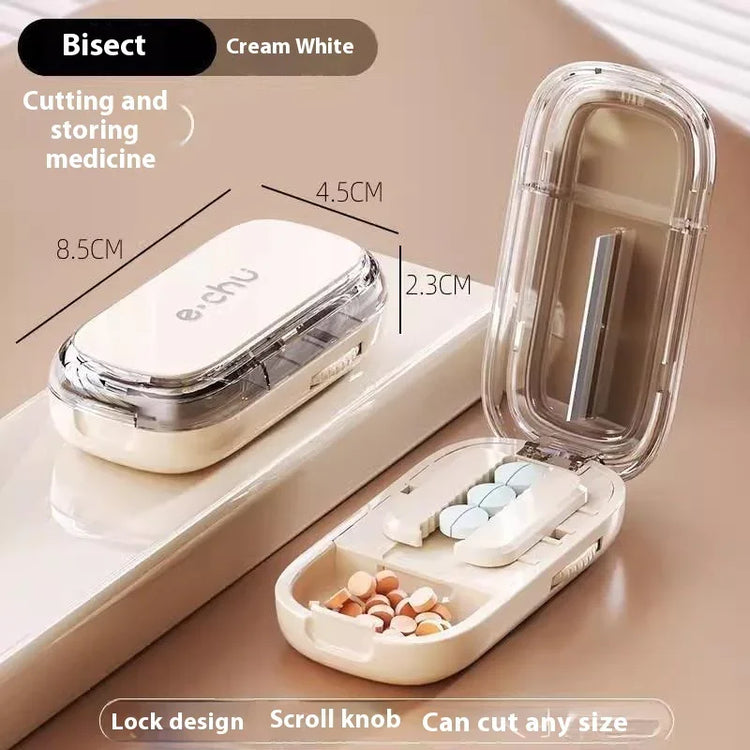 Compact cream white pill cutter case with lock design, divided pill storage compartments, and scroll knob for cutting tablets of any size.