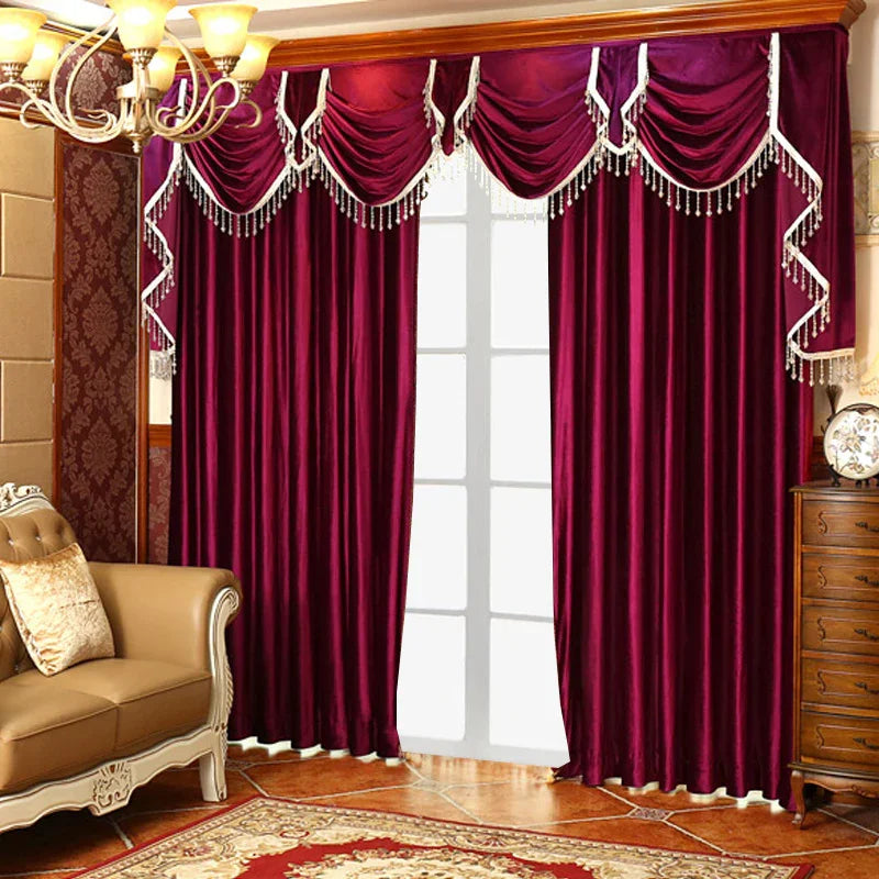 Luxury velvet burgundy curtains with elegant draped valance and crystal trim in a classic living room